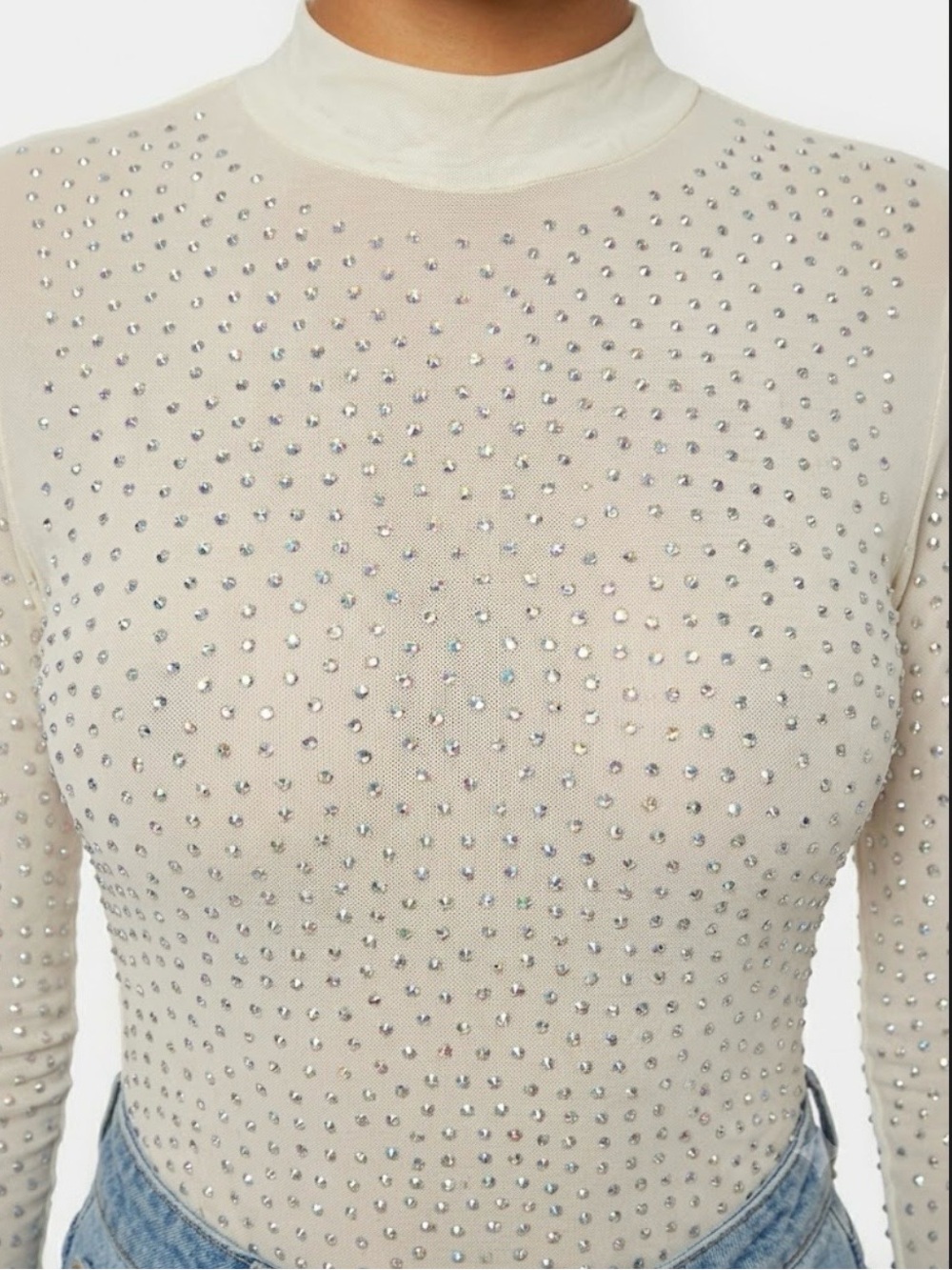 Rhinestone Embellished Sheer Mock Neck Bodysuit in Cream